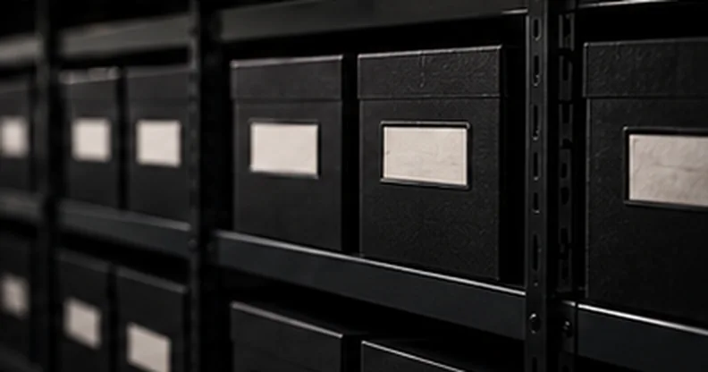 Shelves of black archive boxes with blank labels.