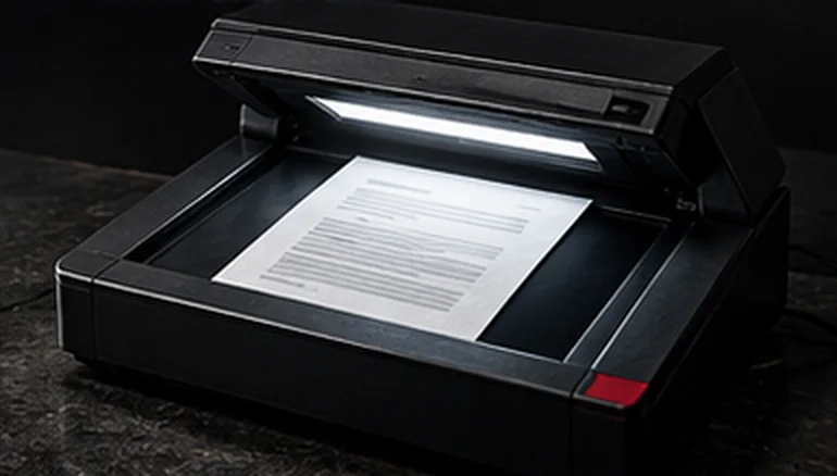 A flatbed scanner, lid raised, lighting a page of redacted text.