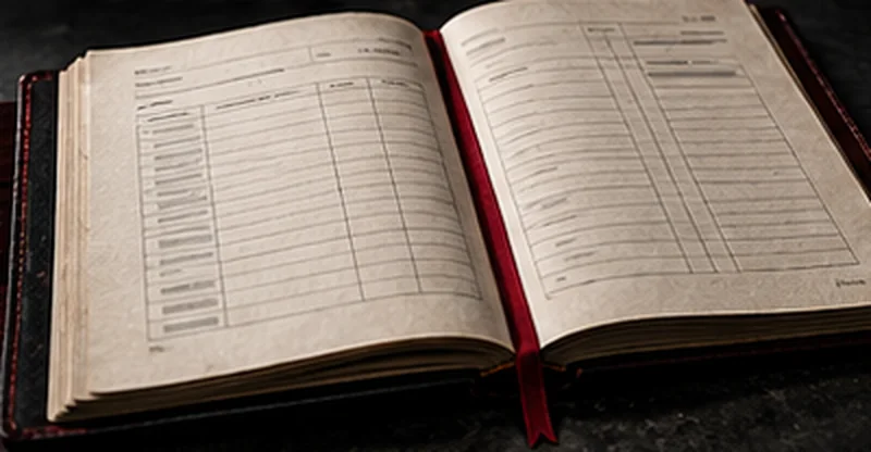 An open ruled ledger with a red ribbon.