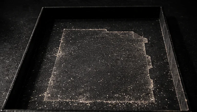 An empty black document tray with the dust outline of a stack that is no longer there.