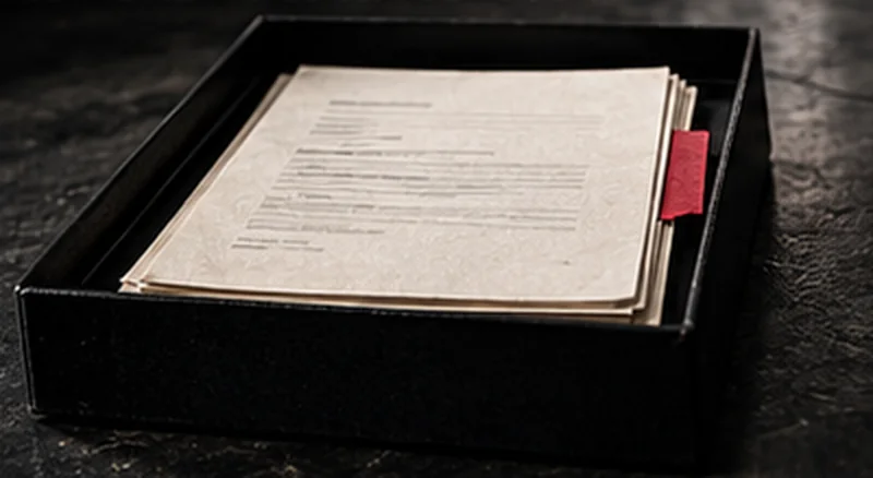 A black document tray holding a stack of pages with a red tag.