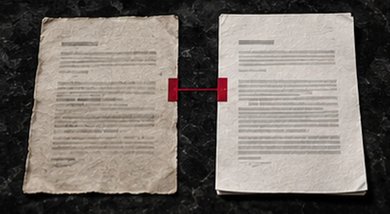 Two copies of the same page side by side, joined by a red line at one paragraph.