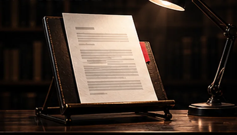 A bound page on a reading stand under a desk lamp.