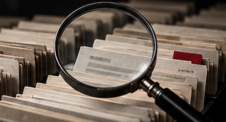 A magnifying glass over a drawer of index cards.