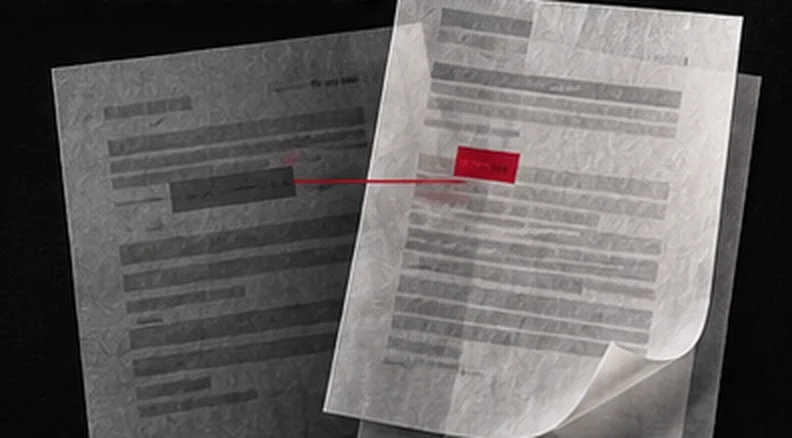Two translucent pages overlaid; a red tag marks the one line that differs.