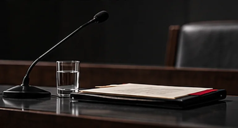 A hearing-room microphone, a glass of water and a closed folder on a desk.